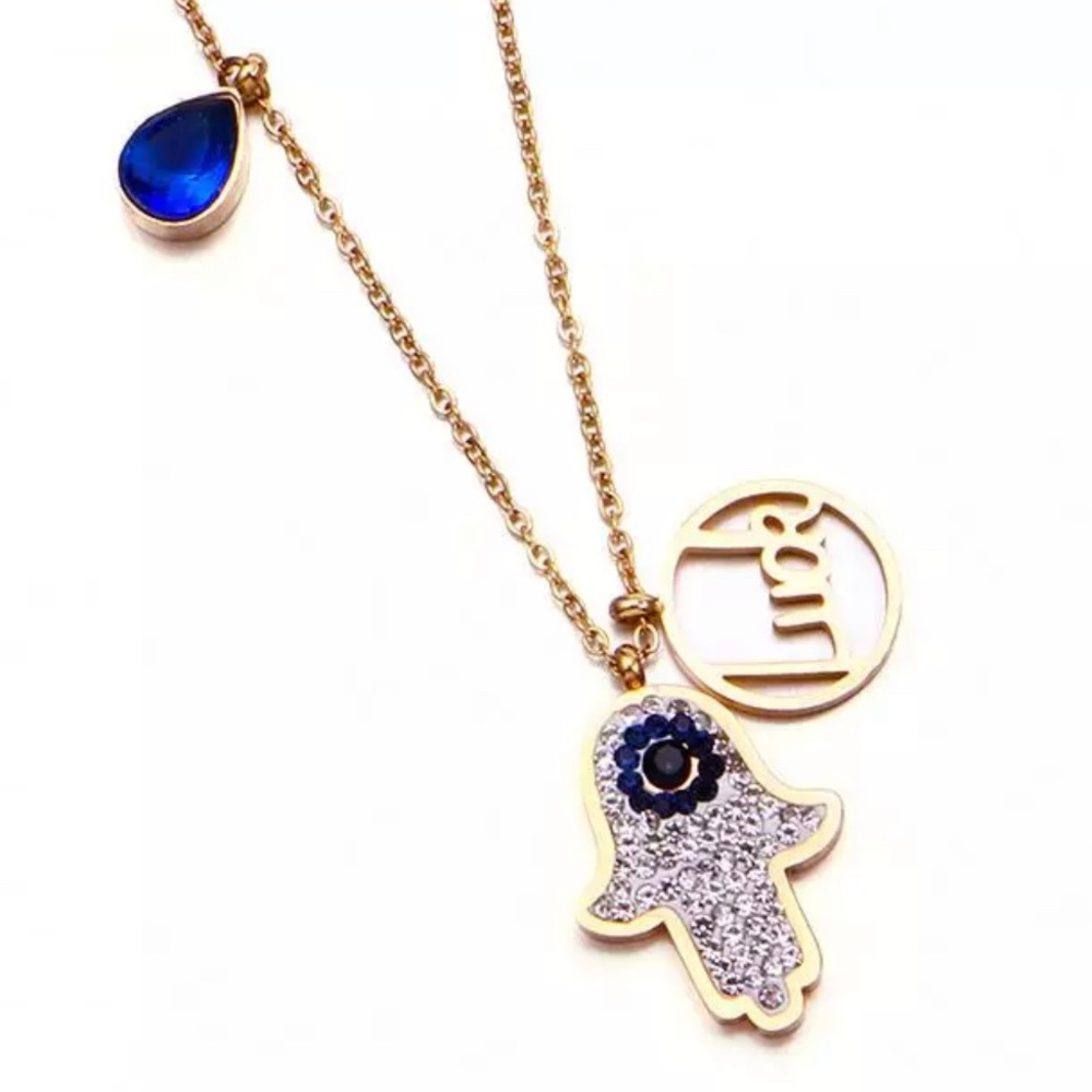 Rhinestones Hamsa Hand Necklace Gold Tone